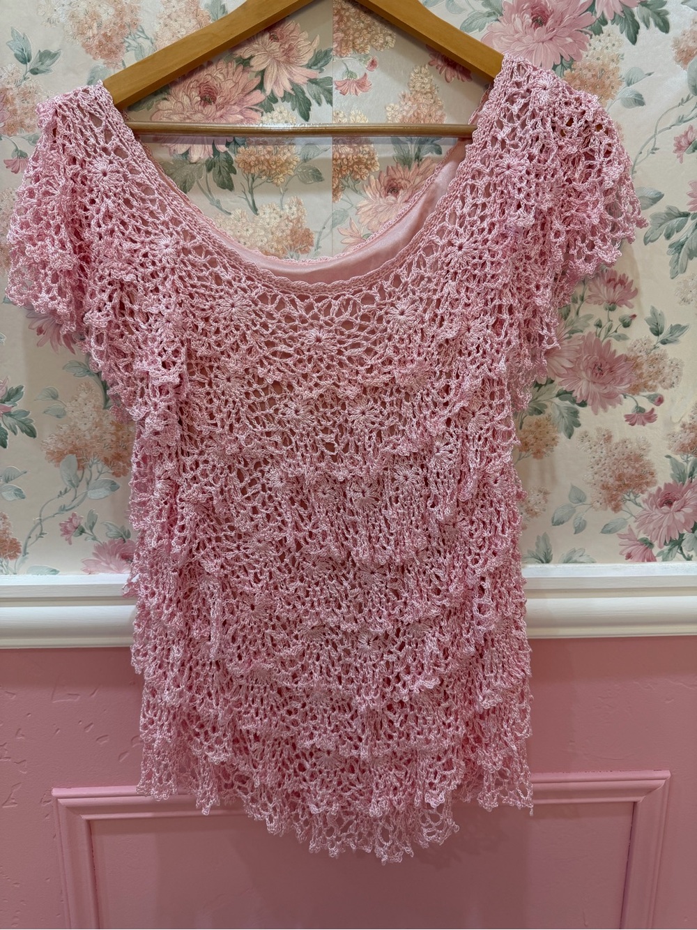 American Vintage Pink Crochet Layered Tunic Top